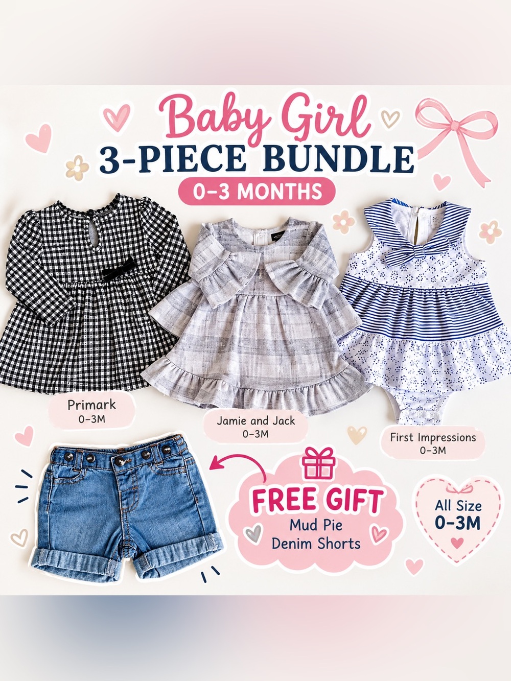 Baby Girl 3-Piece Bundle 0-3M + FREE Mud Pie Denim Shorts